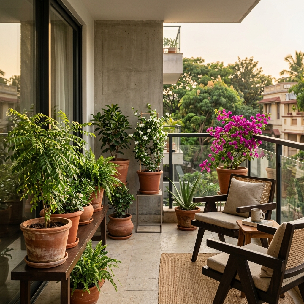 A beautiful minimalist balcony in India decorated with lush green native plants in terracotta pots.
